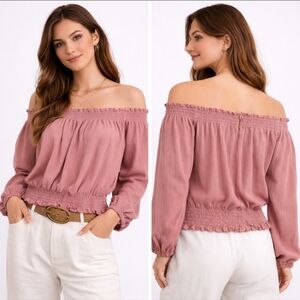 H&M Dusty Rose Off Shoulder Smocked Crop Blouse Size S Boho Romantic Top